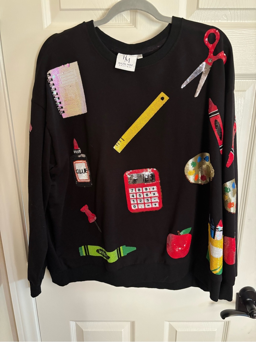 hazel Black Crewneck Sweater with Colorful School Supply Appliqués